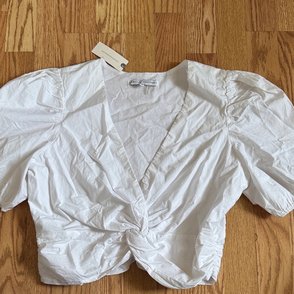 Anthropologie Paola Factory White Twist Front Puff Sleeve Cropped Blouse